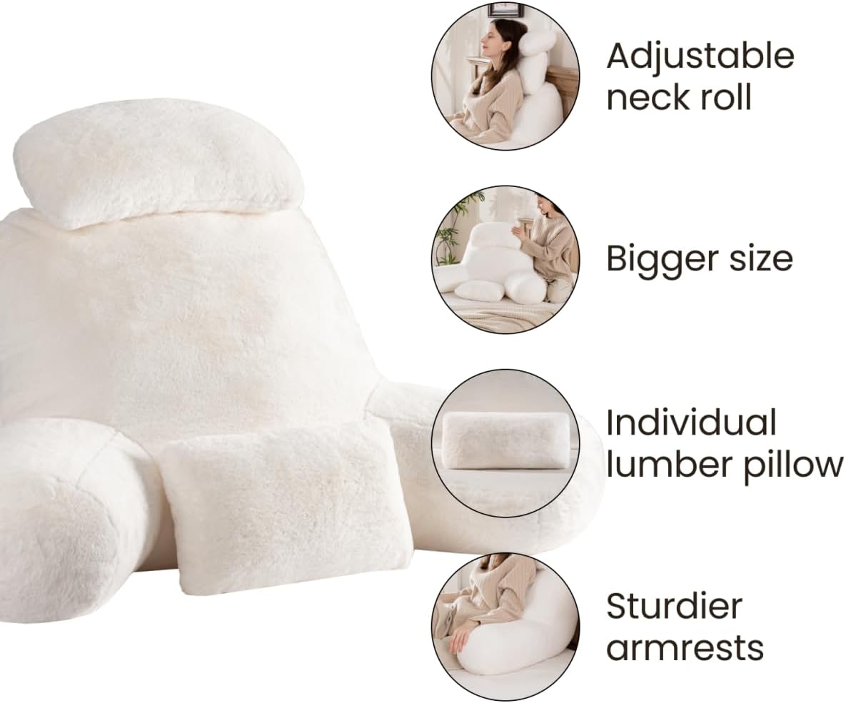 Bed Rest Pillow, Large Bed Pillow with Adjustable Neck Roll and Individual Cushion for Couch Backrest Back Pillow